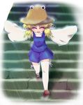  arms_out blonde hair_ribbon hat long_sleeves moriya_suwako open_mouth rain ribbon shoes skirt smile stairs tank_top thighhighs touhou twin_tails water wet wet_clothes white_thighhighs 