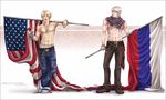  2boys abs alfred_jones america_(hetalia) axis_powers_hetalia chains chest cross flag glasses ivan_braginski jewelry male male_focus multiple_boys muscle necklace pecs russia_(hetalia) underwear 