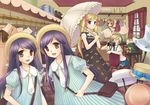  artist_request blonde box brown_eyes camera child clothes curtains dress hair_ribbon happy hat long_hair open_mouth purple_hair smile twin_tails twins umbrella window 