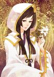  aya_gozen brown_eyes brown_hair female flower highres hood inahachi long_hair plant robe sengoku_musou sengoku_musou_3 solo 