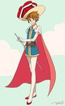  blue_eyes brown_hair cape cosplay gloves hat inazuma_eleven inazuma_eleven_(series) legs light_smile male_focus pantyhose princess_sapphire princess_sapphire_(cosplay) ribbon_no_kishi sheath short_sleeves slippers solo sword tachimukai_yuuki temari114 unsheathing weapon 