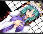 alternate_hairstyle blue_eyes blush breasts dutch_angle fence green_hair hands_on_own_chest hat highres large_breasts older open_mouth shiki_eiki short_hair solo stiel touhou 