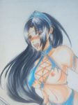  black_hair blush breasts brown_eyes earrings female gradient gradient_background hair_ornament jewelry kitana lh_aoi long_hair midriff mortal_kombat nipples open_mouth solo torn_clothes 