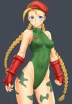  antenna_hair bare_shoulders beret blonde_hair blue_eyes braid breasts cammy_white fingerless_gloves gloves green_leotard hat highleg highleg_leotard iyokawa leotard long_hair medium_breasts scar simple_background solo standing street_fighter thong_leotard twin_braids 