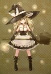 absurdres alternate_costume apron bare_shoulders blonde_hair blush boots broom checkered checkered_background choker gloves hat head_tilt highres kirisame_marisa long_hair looking_at_viewer messy_hair smile solo standing touhou waist_apron witch_hat yellow_eyes yukiu_kon 