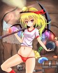  alternate_costume bad_id bad_pixiv_id blonde_hair bomb buruma collarbone creeper crossover flandre_scarlet groin gym_uniform hat light_smile map minecraft miner mining_helmet molten_rock navel over_shoulder panties pickaxe red_eyes red_panties shirt short_hair side_ponytail skull smile solo sumapan sword terraria torch touhou treasure_chest tunnel underground underwear weapon wings 