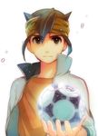  ball brown_eyes brown_hair endou_mamoru f-tani headband inazuma_eleven_(series) inazuma_eleven_go jacket male_focus older soccer_ball solo white_background 