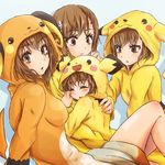  blush_stickers brown_eyes brown_hair closed_eyes cosplay costume gen_1_pokemon gen_2_pokemon hair_ornament hairpin hood hug last_order misaka_imouto misaka_mikoto misaka_worst multiple_girls pichu pichu_(cosplay) pikachu pikachu_(cosplay) pokemon power_connection raichu raichu_(cosplay) sakasana_(kaisen_teikoku) to_aru_majutsu_no_index 