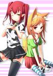  :t animal_ears bad_id bad_pixiv_id bare_shoulders bell black_legwear blonde_hair blush breasts choker cleavage cow cow_bell cow_girl cow_tail flat_chest fox_tail green_shirt hair_bobbles hair_ornament hairband hairclip horns medium_breasts multiple_girls one_eye_closed original red_eyes red_hair shirt sitting skirt smile striped striped_legwear tail tanakahazime thighhighs twintails zettai_ryouiki 