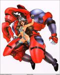  80s appleseed armpits breasts brown_hair fingerless_gloves gloves happy highres hitomi_(appleseed) intron_depot leotard mecha medium_breasts midriff oldschool red_eyes shirou_masamune short_hair sideboob solo thighhighs 