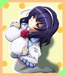  blue_hair breasts brown_eyes hair_ribbon hairband large_breasts oppai ribbon school_uniform seikon_no_qwaser tagme thighhighs yamanobe_tomo 