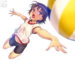  1girl armpit_peek artist_logo artist_name bangs bike_shorts black_hair black_shorts blurry blurry_foreground blush breasts brown_eyes clothes_writing commentary_request depth_of_field dress eyebrows_visible_through_hair full_body girls_und_panzer gym_shirt isobe_noriko midair navel open_mouth outstretched_arm pairan shirt short_hair short_sleeves shorts simple_background small_breasts solo v-shaped_eyebrows volleyball white_background 