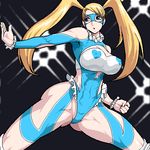  abs bad_id bad_pixiv_id bare_shoulders blonde_hair blue_eyes blue_leotard breasts cleavage cleavage_cutout fjt_(fjym2) heart large_breasts legs leotard lowres mask muscle oekaki rainbow_mika solo street_fighter street_fighter_zero_(series) thighs twintails 