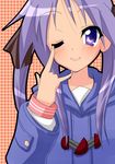  \m/ bad_id bad_pixiv_id blush face hiiragi_kagami lowres lucky_star one_eye_closed purple_hair solo twintails yuubi 
