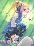  anus blonde blue_eyes blush coat headphones pants_pull pantsu scat squat_toilet toilet twin_tails vagina 