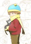  &gt;_&lt; bad_id bad_pixiv_id brown_eyes brown_hair cat closed_eyes coat eating eric_cartman hat holding male_focus mittens open_mouth scarf sketch solo south_park standing suzumiyu 
