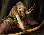  arrow blonde_hair bow_(weapon) braid brown_eyes cloak dragon's_crown elf_(dragon's_crown) k.sho pointy_ears solo thick_thighs thighhighs thighs weapon 