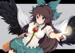  arm_cannon bad_id bad_pixiv_id black_wings blush bow brown_hair cape glowing glowing_hand hair_bow long_hair mizukami_ryouma outstretched_hand pointing red_eyes reiuji_utsuho shirt skirt smile solo third_eye touhou weapon wings 