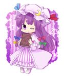  book chibi crescent hat highres long_hair one_eye_closed open_mouth patchouli_knowledge purple_eyes purple_hair solo touhou transparent_background yamabuki_(yusuraume) 