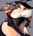  aoba_shou bare_shoulders breasts brown_hair curvy detached_sleeves dragon's_crown dress hat hat_over_one_eye highres huge_breasts long_hair side_slit solo sorceress_(dragon's_crown) staff strapless strapless_dress thighs witch_hat 