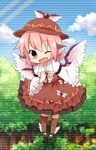  animal_ears blue_sky blush brown_dress brown_eyes chibi cloud day dress earrings fang forest hand_on_own_chest hat highres jewelry mystia_lorelei nature one_eye_closed open_mouth pink_hair sky solo touhou wings yamabuki_(yusuraume) 