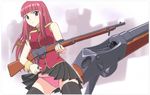  bangs black_legwear black_skirt blunt_bangs blurry blurry_background blush brown_eyes casing_ejection copyright_request framed gun highres holding holding_gun holding_weapon lever_action looking_at_viewer martini-henry panties pink_hair pink_panties pleated_skirt red_shirt rifle shell_casing shirt skindentation skirt sleeveless sleeveless_shirt solo thighhighs underwear weapon wind wind_lift wrist_cuffs yamauchi_noriyasu 