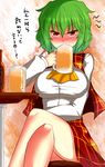  alcohol annoyed ascot beer beer_mug blush bottle breasts chair crossed_legs cup dress frown green_hair holding holding_cup kazami_yuuka large_breasts plaid plaid_skirt plaid_vest red_eyes roki_(hirokix) shirt sitting skirt skirt_set solo touhou translated vest 