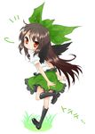  bad_id bad_pixiv_id blush bow brown_hair chibi green_bow hair_bow jigatei_(omijin) long_hair red_eyes reiuji_utsuho shirt skirt solo touhou wings 