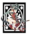  arc_system_works asakin044 black_bra black_hair blazblue blazblue:_calamity_trigger bra breasts china_dress chinadress chinese_clothes dress female full_body glasses lao_jiu litchi_faye_ling long_hair polearm ponytail red_eyes solo staff underwear very_long_hair weapon 
