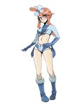  blue_eyes blush boots fuuro_(pokemon) gym_leader hand_on_hip hips navel pokemon solo standing 