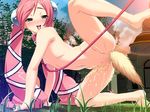  all_fours censored collar earrings exhibitionism game_cg green_eyes kuro_no_utahime leash leg_lift leg_up long_hair mirille_fir_cawdor nude outdoors pettanko pink_hair public_nudity raised_leg_pee solo spread_legs tail twin_tails urine very_long_hair 