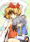  animal_ears animal_print blonde_hair blush brown_hair capelet closed_eyes dress finger_to_mouth grey_hair hair_ornament hand_on_shoulder hands_on_lap harukatron jewelry kemonomimi_mode mouse_ears multicolored_hair multiple_girls nazrin open_mouth pendant shawl shirt sitting skirt sleeping smile tiger_ears tiger_print toramaru_shou touhou two-tone_hair yellow_eyes 