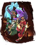  5girls adovo arabian_clothes baggy_pants bird dark_skin earrings fire green_hair green_skin hoop_earrings jewelry mimic_(shantae) multiple_girls pants purple_hair risky_boots rottytops shantae_(character) shantae_(series) skull_earrings sky_(shantae) sunset wrench_(shantae) 