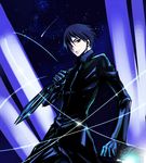  blue_hair darker_than_black dual_wielding hei highres holding holding_knife knife male_focus night red_eyes sky solo trench_coat uonuma_yuu weapon 