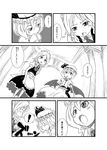  2girls apron ascot bat_wings braid brooch comic covering_mouth fang greyscale hat izayoi_sakuya jewelry low_wings maid maid_headdress monochrome multiple_girls open_mouth remilia_scarlet short_hair slit_pupils sonson_(eleven) surprised touhou translated twin_braids waist_apron wings 