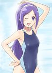  aono_miki arm_up armpits blue_hair competition_swimsuit fresh_precure! long_hair one-piece_swimsuit one_eye_closed precure purple_hair satogo solo swimsuit 