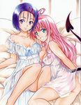  2girls aqua_eyes ass bare_shoulders bed blue_eyes blue_hair blush breast_grab breasts camisole cleavage grabbing green_eyes hair_ornament hairclip happy hug lala_satalin_deviluke legs long_hair multiple_girls no_bra no_panties off_shoulder open_mouth pink_hair purple_eyes sairenji_haruna short_hair smile tail to_love-ru toloveru yuri 