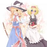  alice_margatroid alice_margatroid_(cosplay) apron blonde_hair blue_eyes book braid broom capelet cosplay costume_switch hairband hat highres kirisame_marisa kirisame_marisa_(cosplay) megawatt multiple_girls one_eye_closed touhou witch_hat yellow_eyes 