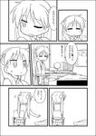  ;o =_= blush comic from_behind greyscale hiiragi_kagami lucky_star monochrome nagian one_eye_closed outstretched_arm parted_lips reaching_out standing table talking translation_request twintails upper_body 