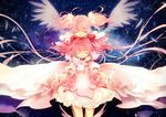  alternate_costume choker closed_eyes dress dual_persona feathers galaxy gloves glowing highres hug hug_from_behind kaname_madoka light_smile long_hair mahou_shoujo_madoka_magica multiple_girls outstretched_arms pink_eyes pink_hair puffy_sleeves short_hair space spoilers tamachi_kuwa transparent twintails ultimate_madoka very_long_hair white_dress white_gloves wings 