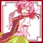  ^_^ bandages border bun_cover closed_eyes fang flower hemogurobin_a1c ibaraki_kasen open_mouth pink_hair pointing pointing_up red_border short_hair smile solo touhou 