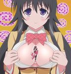  between_breasts black_hair bow bowtie breasts cleavage gift_between_breasts kanokon large_breasts long_hair minamoto_chizuru no_nose non-web_source open_clothes open_shirt purple_eyes screencap shirt solo stitched third-party_edit valentine 