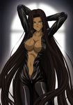  absurdres black_hair bodysuit center_opening clevage club40 dark_skin fate/stay_night ishihara_megumi leather megane no_bra open_clothes open_shirt oppai rider unzipped very_long_hair 