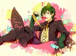 amaimon ao_no_exorcist bad_id bad_pixiv_id candy fang food foreshortening green_eyes green_hair lollipop male_focus matsunaka_hiro necktie open_mouth pointy_ears sitting solo striped striped_neckwear 