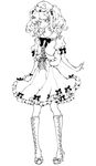 :&gt; boots bow embellished_costume frills full_body greyscale hat kawashiro_nitori key lineart miri_(tobira_no_mukou) monochrome no_nose ribbon short_sleeves short_twintails simple_background solo standing touhou twintails two_side_up white_background 