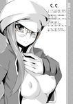  breasts c.c. code_geass glasses greyscale hat long_hair medium_breasts monochrome open_clothes scar solo yukari_(konekonekozou) 