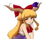  bangs belt blonde_hair blunt_bangs blush bow brown_eyes grin hair_bow horn_ribbon horns ibuki_suika long_hair renku ribbon shirt sidelocks sleeveless sleeveless_shirt smile solo touhou upper_body v_arms very_long_hair 