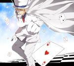  ace america_(hetalia) arm_up axis_powers_hetalia bad_id bad_pixiv_id blonde_hair cape card card_in_mouth cosplay falling_card gloves grin hat kaitou_kid kaitou_kid_(cosplay) leaning_forward magic_kaito male_focus meitantei_conan monocle mouth_hold necktie outstretched_arm pants playing_card pointing sky smile snipe-968 solo top_hat yellow_eyes 