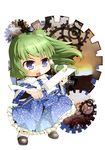  blue_eyes blush chibi detached_sleeves dnk frog gears gohei green_hair hair_ornament kochiya_sanae long_hair skirt snake solo touhou 