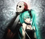  1girl aqua_eyes aqua_hair bare_shoulders chainsaw collar commentary_request crossover earrings elbow_gloves gloves hatsune_miku hockey_mask jason_voorhees jewelry long_hair md5_mismatch microphone microphone_stand necklace twintails vocaloid yamano_uzura 
